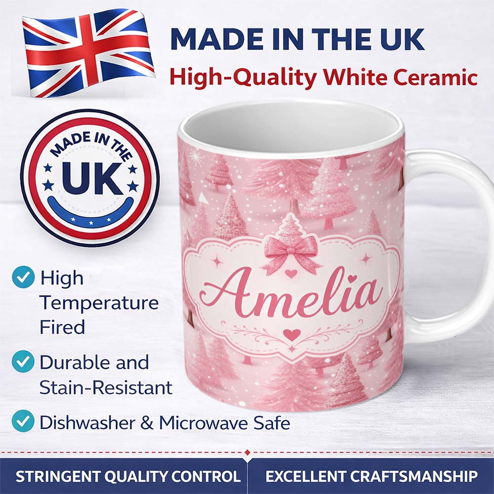 Personalized Custom Name Soft Pink Snowy Christmas Trees Winter Wonderland Seamless Pattern 11oz Ceramic Coffee Tea Mug White Large Handle