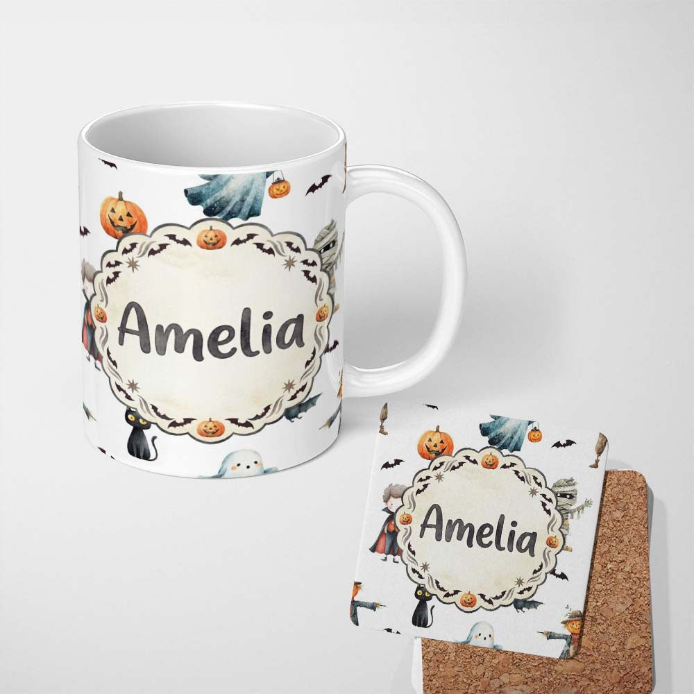 Personalized Custom Name Halloween Zombie Mummy Vampire and Bat Characters Grey Background 11oz Ceramic Coffee Tea Mug White Large Handle