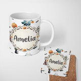 Personalized Custom Name Halloween Zombie Mummy Vampire and Bat Characters Grey Background 11oz Ceramic Coffee Tea Mug White Large Handle