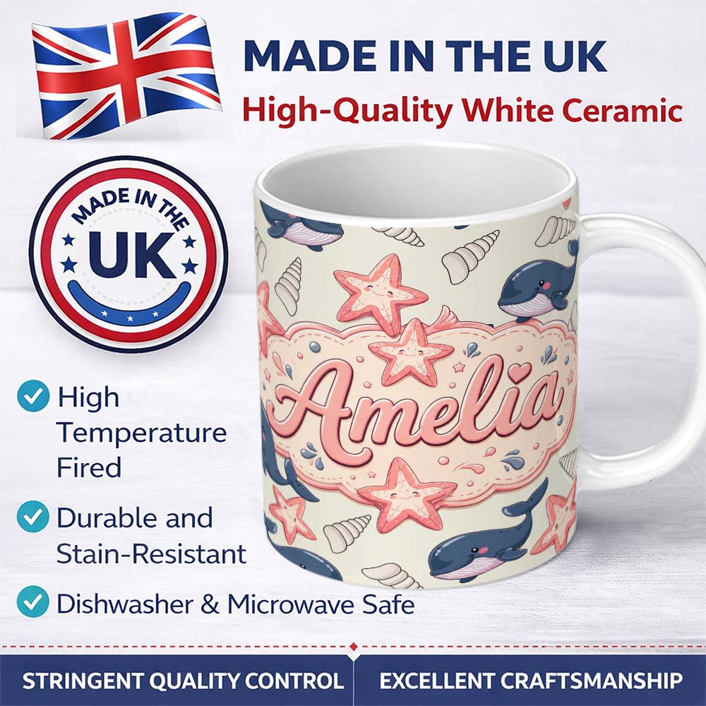 Personalized Custom Name Cute Kawaii Whale Starfish Seashell Ocean Animals Beige Background 11oz Ceramic Coffee Tea Mug White Large Handle