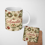 Personalized Custom Name Vintage Christmas Wreaths Bells Baubles Seamless Pattern Festive 11oz Ceramic Coffee Tea Mug White Large Handle