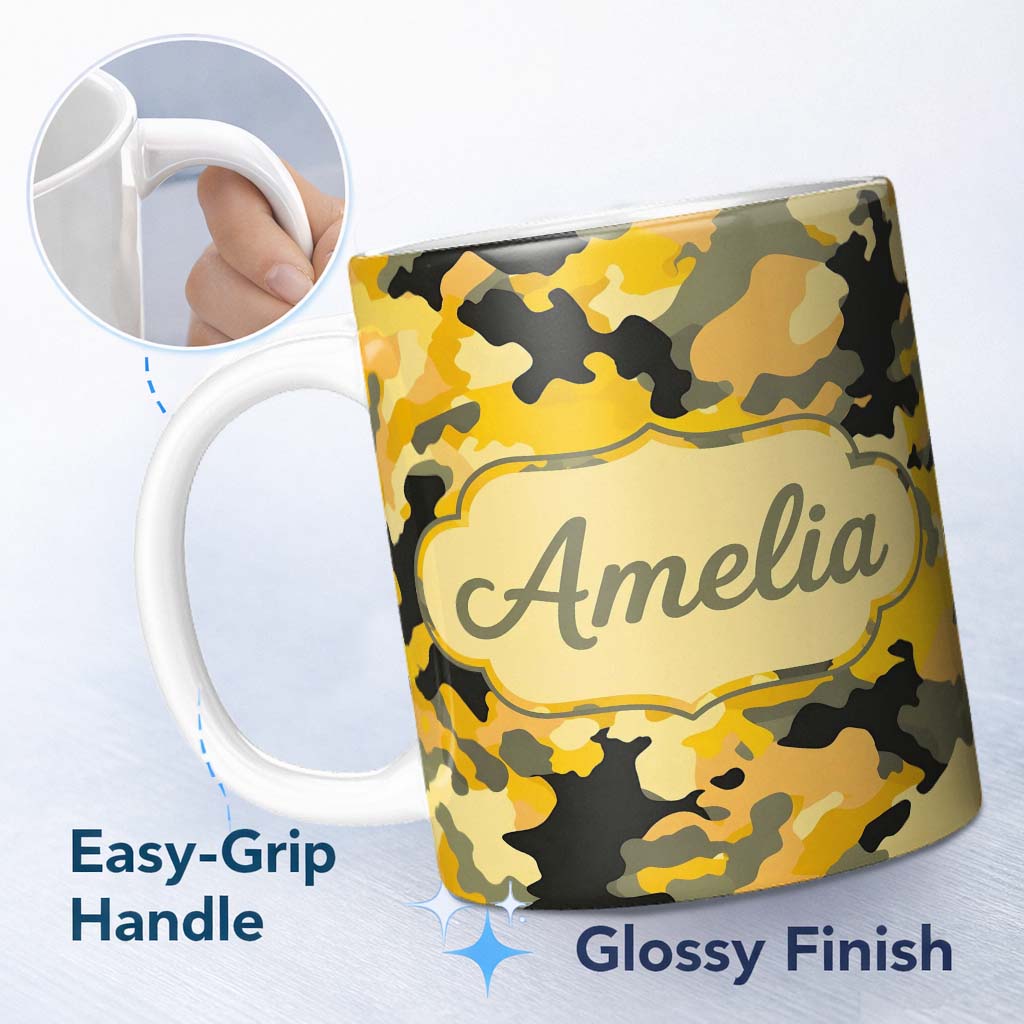 Personalized Custom Name Yellow Desert Camouflage Abstract Seamless Pattern Cute Unique Gift 11oz Ceramic Coffee Tea Mug White Large Handle
