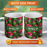 Personalized Custom Name Pixel Mushroom Forest Green Terrain Seamless Pattern Lovely 11oz Ceramic Coffee Tea Mug White Large Handle