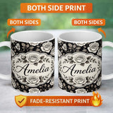 Personalized Custom Name Soft Ivory Rose Blossoms Navy Background Seamless Pattern Lovely 11oz Ceramic Coffee Tea Mug White Large Handle