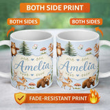 Personalized Custom Name Bear Bunny Squirrel Trees Mushrooms Butterfly Soft Blue Seamless 11oz Ceramic Coffee Tea Mug White Large Handle