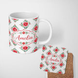 Personalized Custom Name Watercolor Poinsettia Floral Christmas Festive Seamless Pattern 11oz Ceramic Coffee Tea Mug White Large Handle