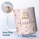 Personalized Custom Name Cute Woodland Owls with Mushrooms Leaves Soft Blush Background 11oz Ceramic Coffee Tea Mug White Large Handle