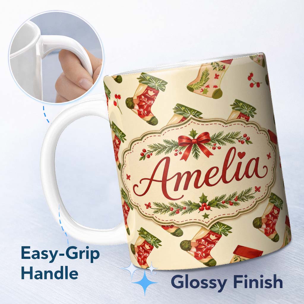 Personalized Custom Name Festive Christmas Stockings Holly Berries and Holiday Decor Seamless 11oz Ceramic Coffee Tea Mug White Large Handle