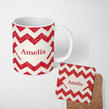 Personalized Custom Name Red Glitter Chevron Pattern Festive Bold Seamless Design Lovely 11oz Ceramic Coffee Tea Mug White Large Handle