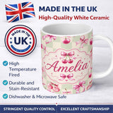 Personalized Custom Name Watercolor Cherry Bow Ribbon Sage Green Gingham Seamless Pattern 11oz Ceramic Coffee Tea Mug White Large Handle