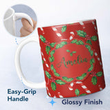 Personalized Custom Name Festive Candy Cane Holly Berry Red Background Seamless Pattern 11oz Ceramic Coffee Tea Mug White Large Handle