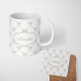 Personalized Custom Name Elegant Ribbon Bow Lattice Seamless Pattern on Soft Neutral Lovely 11oz Ceramic Coffee Tea Mug White Large Handle