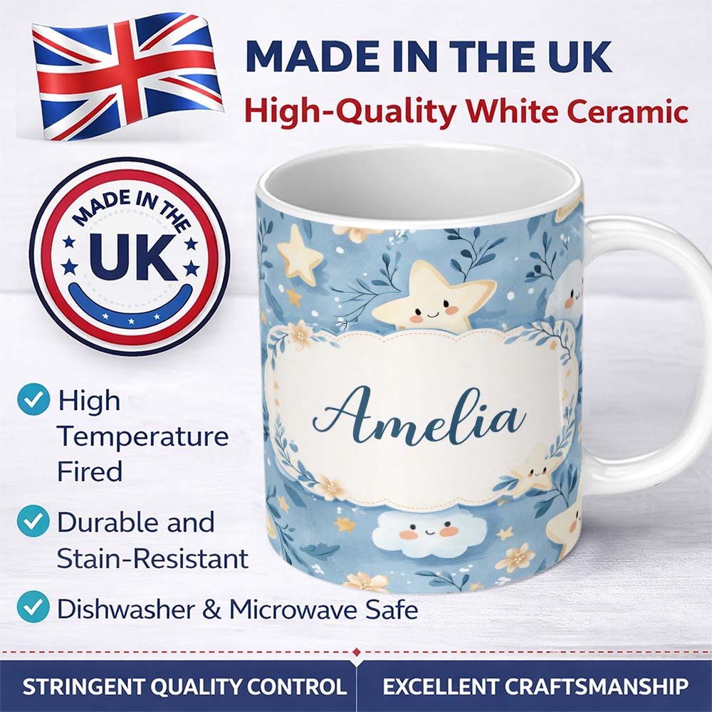 Personalized Custom Name Cute Star and Cloud Blue Sky Pattern Nursery Design Cute Unique Gift 11oz Ceramic Coffee Tea Mug White Large Handle