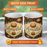 Personalized Custom Name Vibrant Yellow and Red Protea Floral Seamless Pattern Lovely 11oz Ceramic Coffee Tea Mug White Large Handle