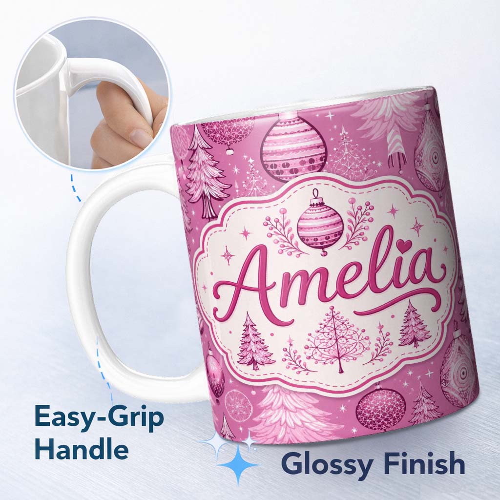 Personalized Custom Name Cute Pink Christmas Trees Ornaments Festive Seamless Pattern Lovely 11oz Ceramic Coffee Tea Mug White Large Handle