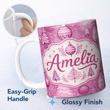 Personalized Custom Name Cute Pink Christmas Trees Ornaments Festive Seamless Pattern Lovely 11oz Ceramic Coffee Tea Mug White Large Handle