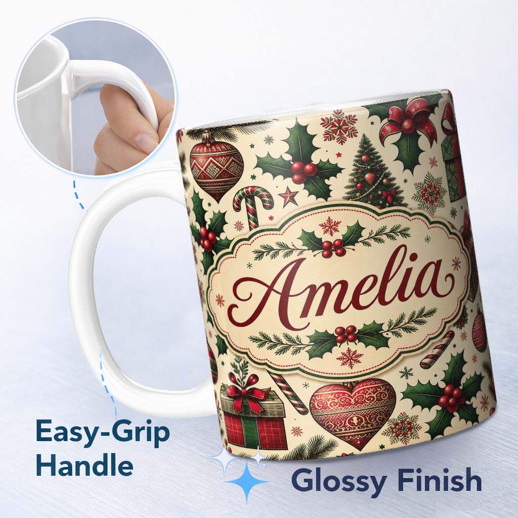 Personalized Custom Name Vintage Christmas Tree Candy Cane Gifts Holly Festive Holiday Design 11oz Ceramic Coffee Tea Mug White Large Handle
