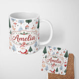Personalized Custom Name Cute Santa Bunny Winter Forest Trees Seamless Pattern Lovely 11oz Ceramic Coffee Tea Mug White Large Handle