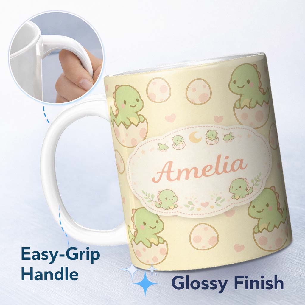 Personalized Custom Name Cute Baby Dinosaur Egg Cartoon Animal Pattern Cute Unique Gift 11oz Ceramic Coffee Tea Mug White Large Handle