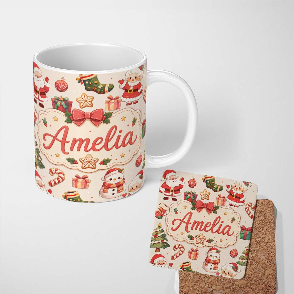 Personalized Custom Name Cute Santa Claus Mrs Claus Snowman Christmas Gift Pattern Cream 11oz Ceramic Coffee Tea Mug White Large Handle