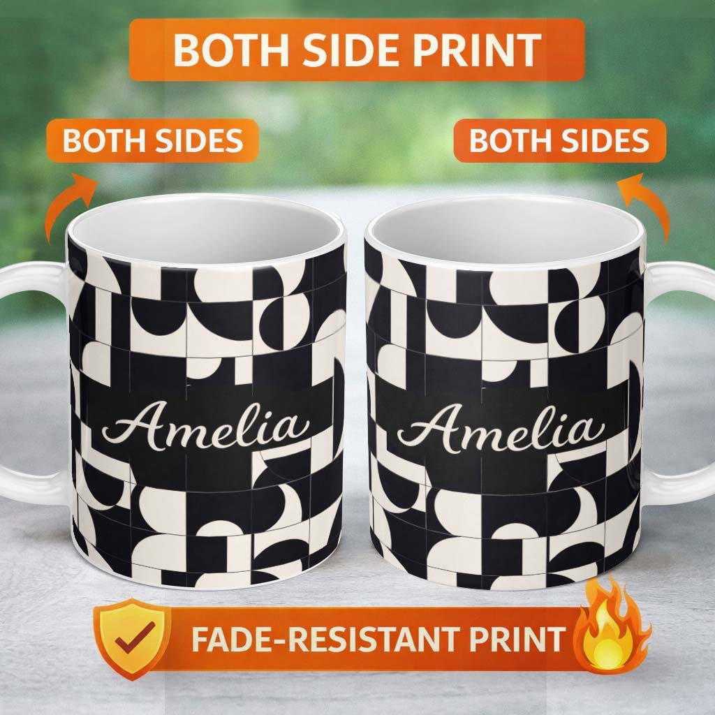 Personalized Custom Name Abstract Cutout Grid Black Cream Modern Geometric Pattern Lovely 11oz Ceramic Coffee Tea Mug White Large Handle