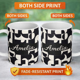 Personalized Custom Name Abstract Cutout Grid Black Cream Modern Geometric Pattern Lovely 11oz Ceramic Coffee Tea Mug White Large Handle