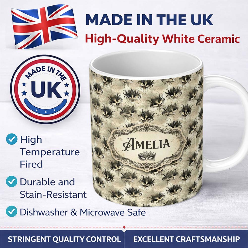 Personalized Custom Name Vintage Sepia Toned Venetian Masks with Artistic Texture Seamless 11oz Ceramic Coffee Tea Mug White Large Handle