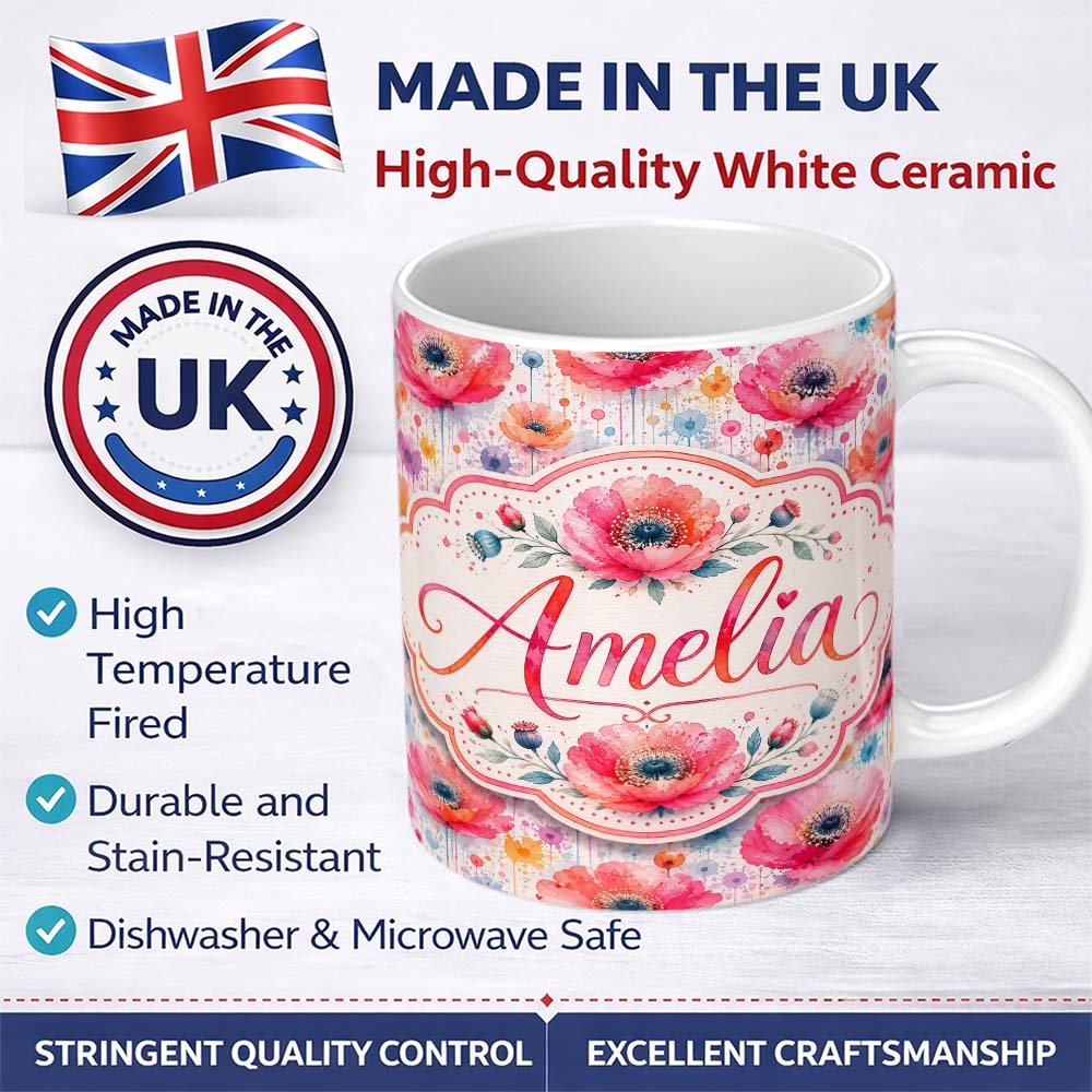 Personalized Custom Name Soft Pastel Poppy Floral Watercolor Artistic Seamless Pattern Lovely 11oz Ceramic Coffee Tea Mug White Large Handle