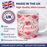 Personalized Custom Name Soft Pastel Poppy Floral Watercolor Artistic Seamless Pattern Lovely 11oz Ceramic Coffee Tea Mug White Large Handle