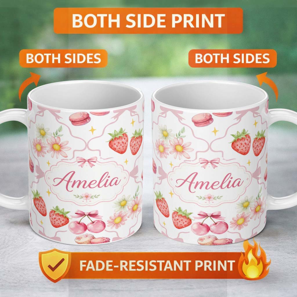 Personalized Custom Name Cute Strawberry Cherry Daisy Floral Bow Sweet Dessert Light Grey 11oz Ceramic Coffee Tea Mug White Large Handle