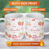 Personalized Custom Name Cute Strawberry Cherry Daisy Floral Bow Sweet Dessert Light Grey 11oz Ceramic Coffee Tea Mug White Large Handle