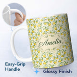 Personalized Custom Name Light Botanical Lemon Pattern with Slices and Blossoms on Cream 11oz Ceramic Coffee Tea Mug White Large Handle