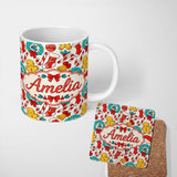 Personalized Custom Name Cute Gingerbread Candy Cane Wreath Stocking Christmas Seamless 11oz Ceramic Coffee Tea Mug White Large Handle