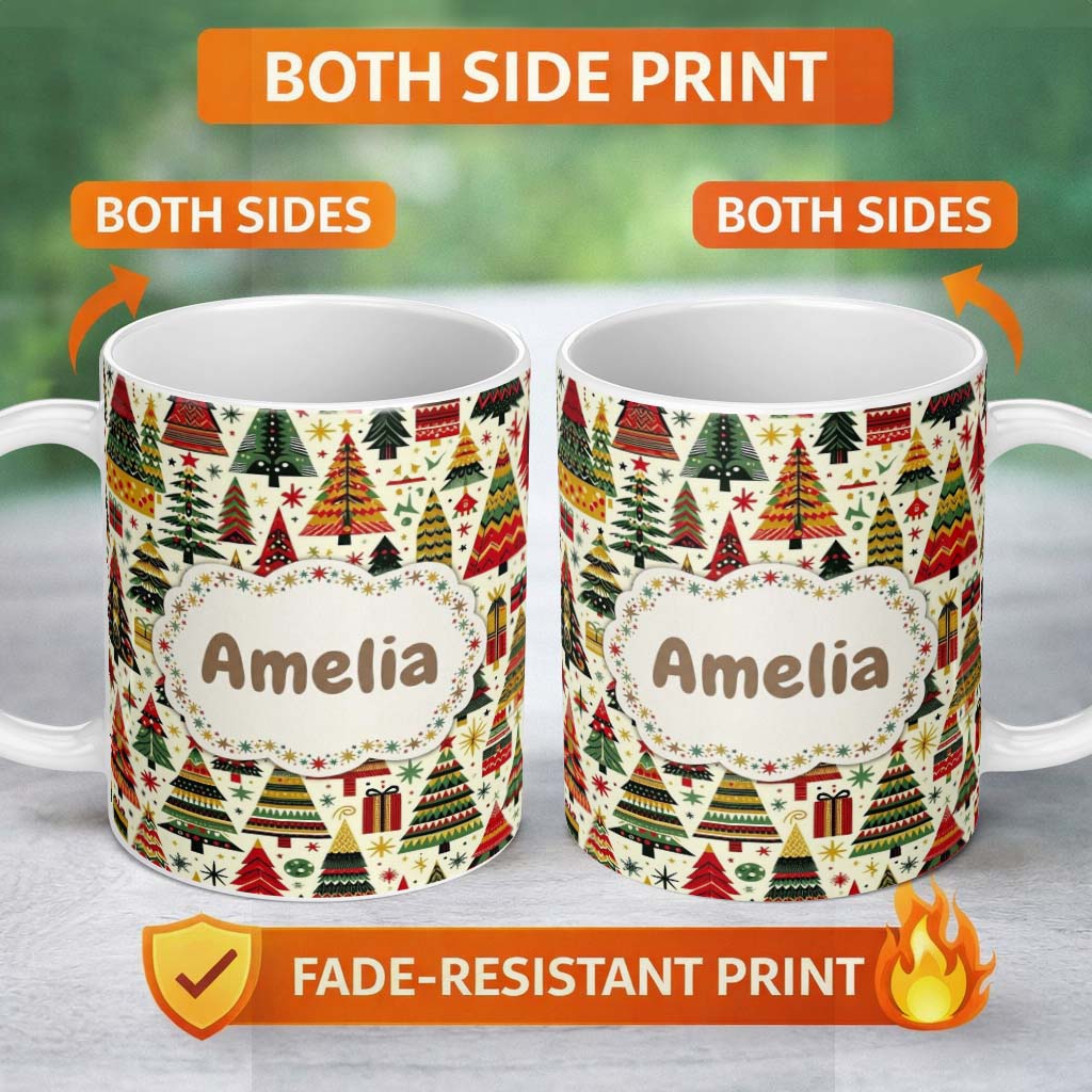 Personalized Custom Name Vibrant Nordic Christmas Trees Gifts Stars Festive Holiday Seamless 11oz Ceramic Coffee Tea Mug White Large Handle
