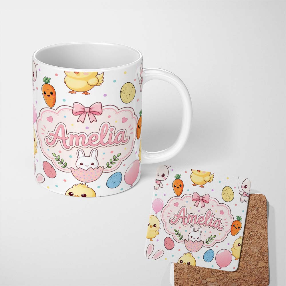 Personalized Custom Name Cute Easter Bunny Chick Carrots Eggs Polka Dot Pattern Light Grey 11oz Ceramic Coffee Tea Mug White Large Handle