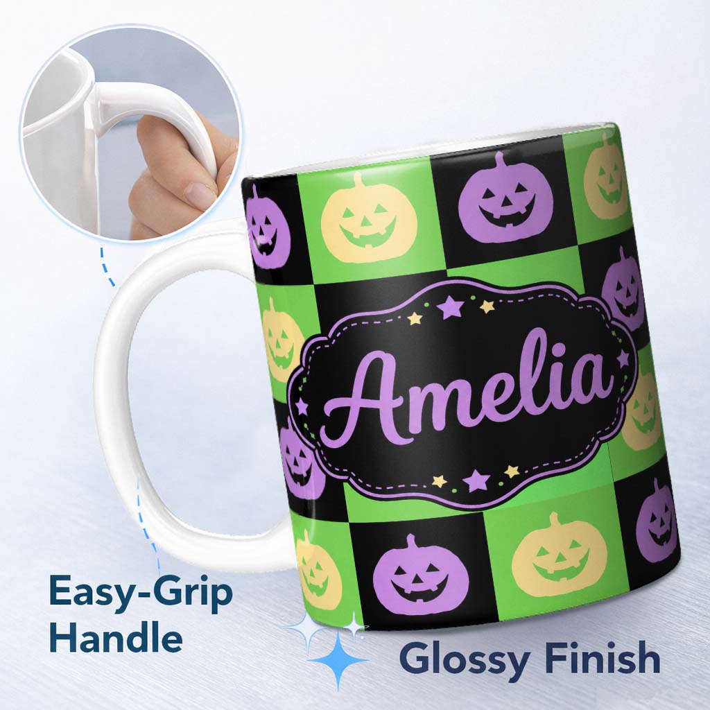 Personalized Custom Name Halloween Pumpkin Checkerboard Purple Green Seamless Pattern UK 11oz Ceramic Coffee Tea Mug White Large Handle