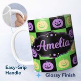 Personalized Custom Name Halloween Pumpkin Checkerboard Purple Green Seamless Pattern UK 11oz Ceramic Coffee Tea Mug White Large Handle