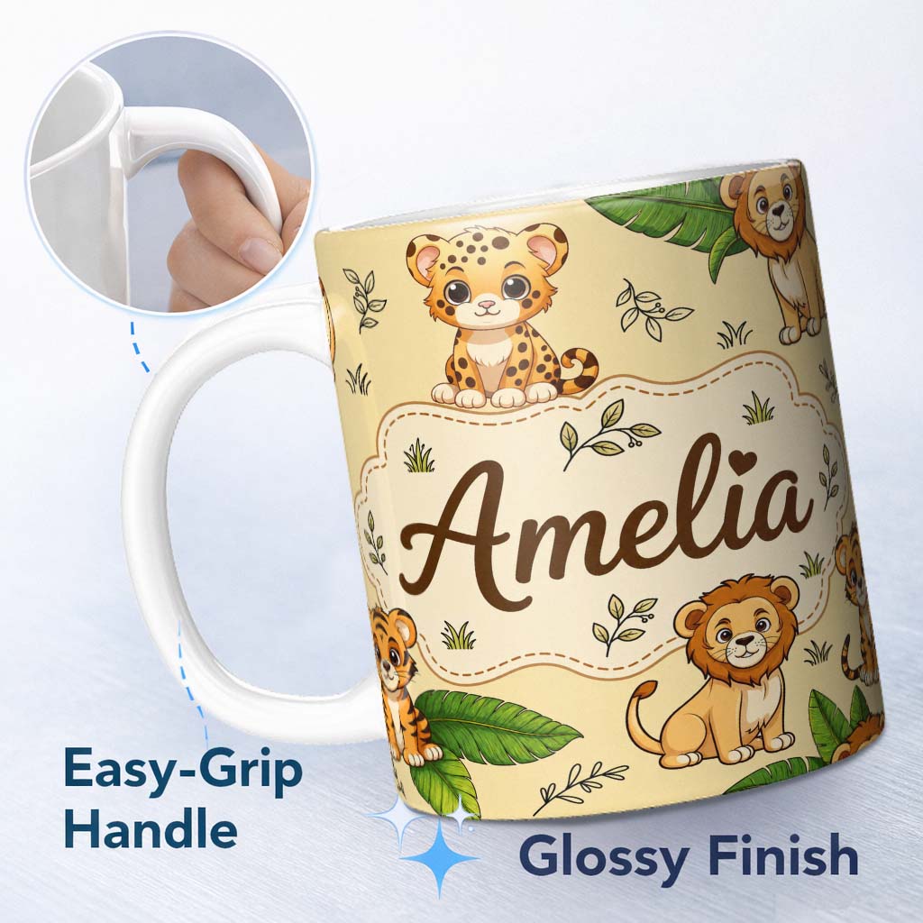 Personalized Custom Name Cute Jungle Animals Lion Tiger Leopard Tropical Leaves Beige Lovely 11oz Ceramic Coffee Tea Mug White Large Handle