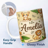 Personalized Custom Name Cute Jungle Animals Lion Tiger Leopard Tropical Leaves Beige Lovely 11oz Ceramic Coffee Tea Mug White Large Handle