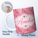 Personalized Custom Name Pink Abstract Speckled Brushstroke Texture Seamless Pattern Lovely 11oz Ceramic Coffee Tea Mug White Large Handle