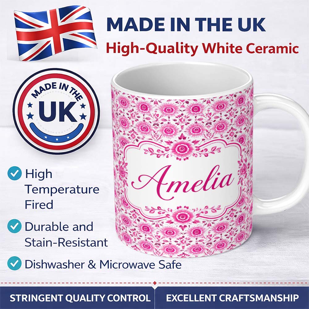 Personalized Custom Name Bright Pink Floral Folk Art Pattern with Decorative Blossoms Lovely 11oz Ceramic Coffee Tea Mug White Large Handle