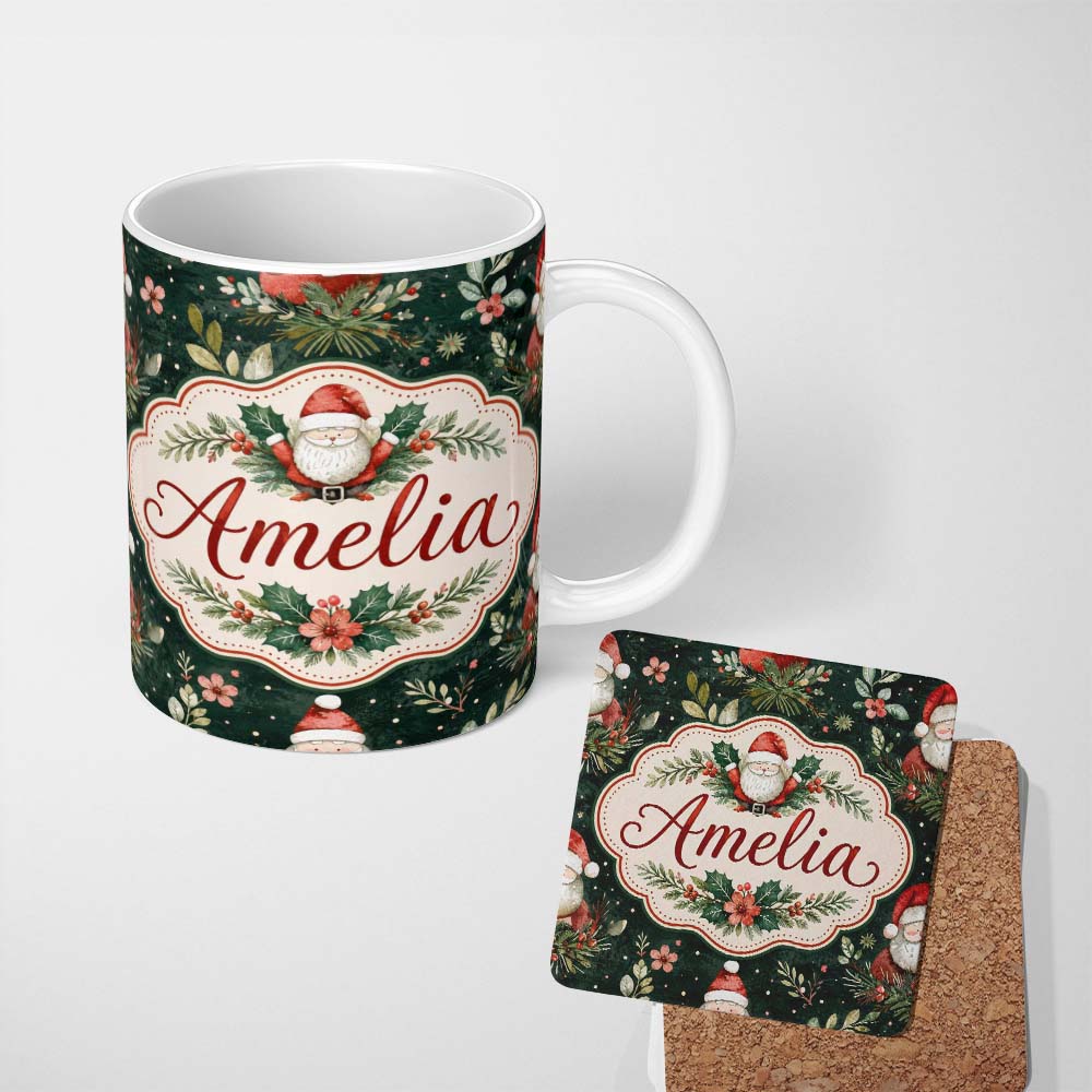 Personalized Custom Name Christmas Santa Botanical Dark Green Festive Seamless Pattern Lovely 11oz Ceramic Coffee Tea Mug White Large Handle