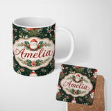 Personalized Custom Name Christmas Santa Botanical Dark Green Festive Seamless Pattern Lovely 11oz Ceramic Coffee Tea Mug White Large Handle