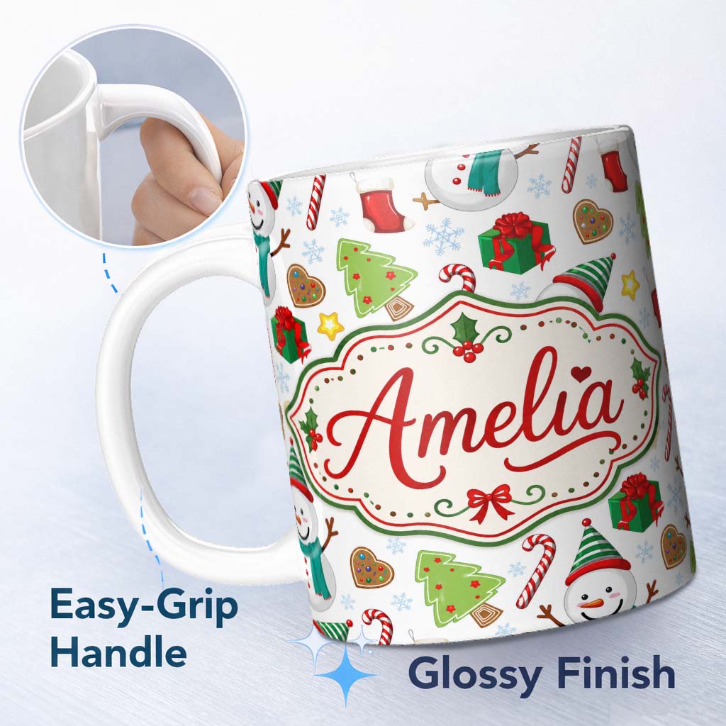 Personalized Custom Name Cute Snowman Candy Cane Christmas Tree Gift Festive Seamless Pattern 11oz Ceramic Coffee Tea Mug White Large Handle