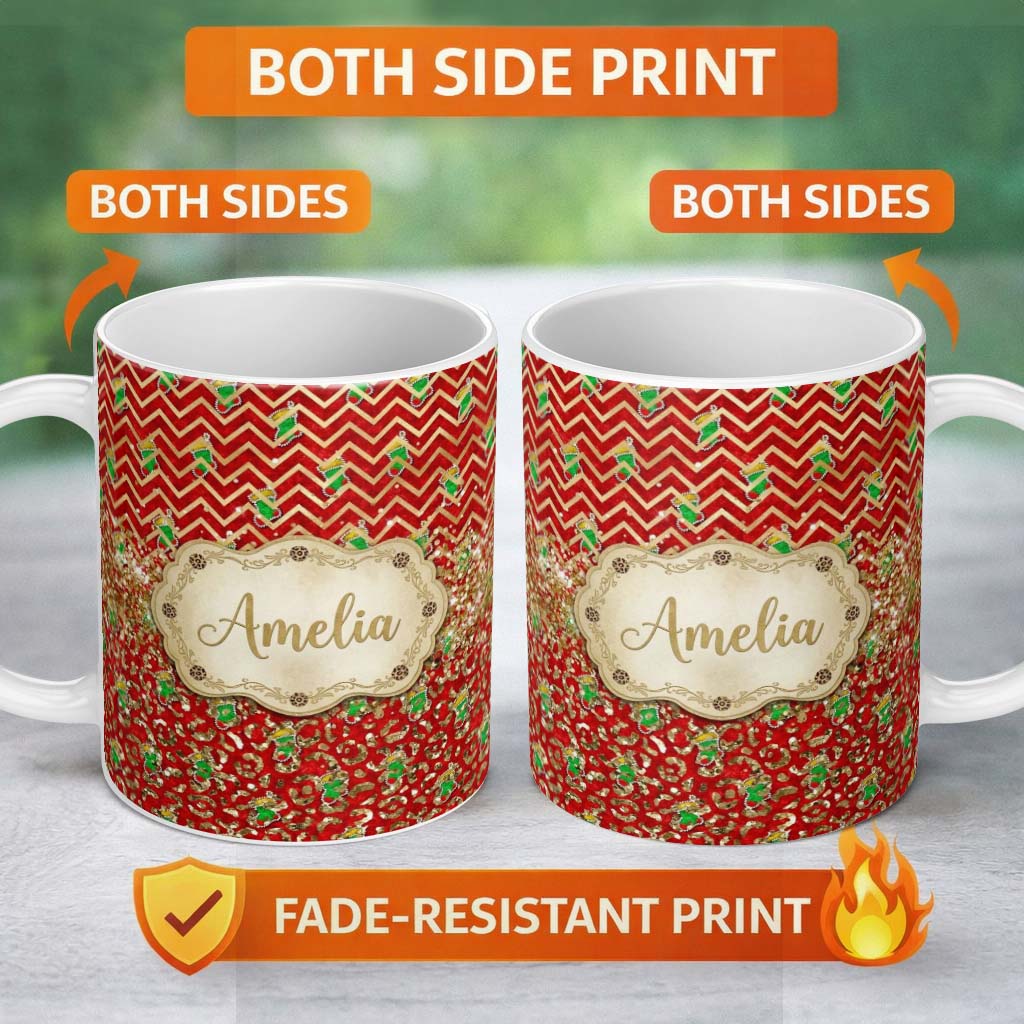 Personalized Custom Name Red Chevron Christmas Tree Glitter Seamless Pattern Design Holiday 11oz Ceramic Coffee Tea Mug White Large Handle