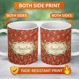 Personalized Custom Name Red Chevron Christmas Tree Glitter Seamless Pattern Design Holiday 11oz Ceramic Coffee Tea Mug White Large Handle