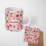 Personalized Custom Name Cute Gingerbread Candy Cane Christmas Seamless Pattern Lovely 11oz Ceramic Coffee Tea Mug White Large Handle