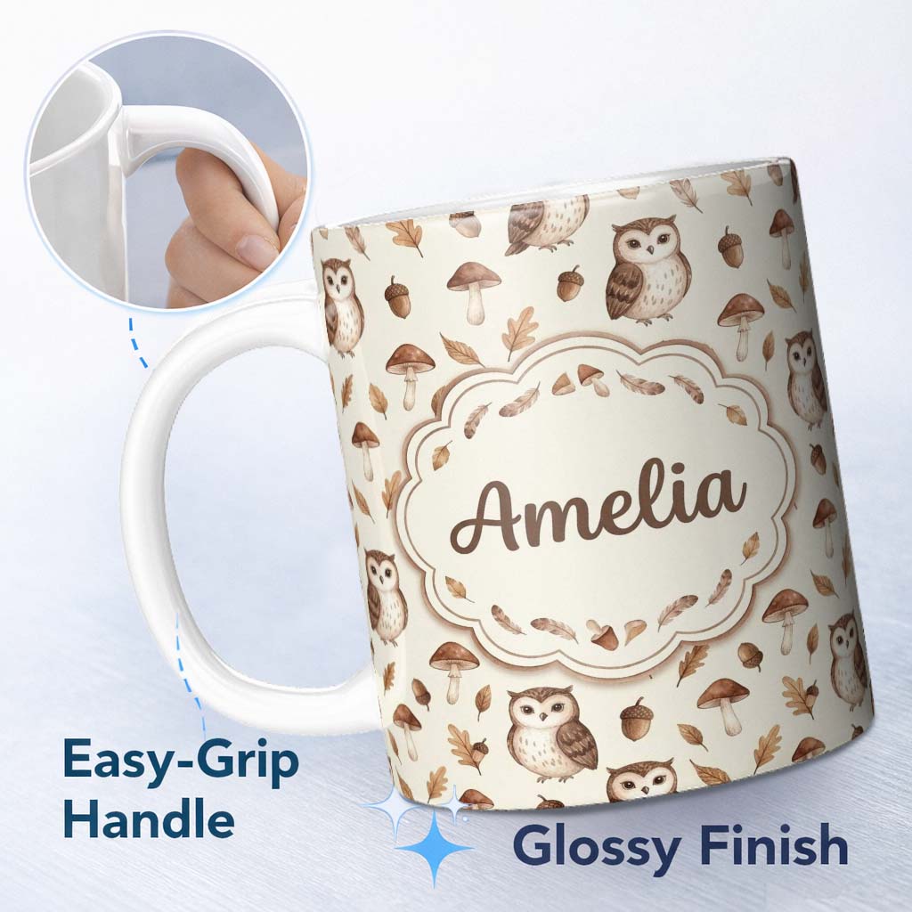 Personalized Custom Name Cute Woodland Owls with Mushrooms Leaves Soft Beige Background 11oz Ceramic Coffee Tea Mug White Large Handle