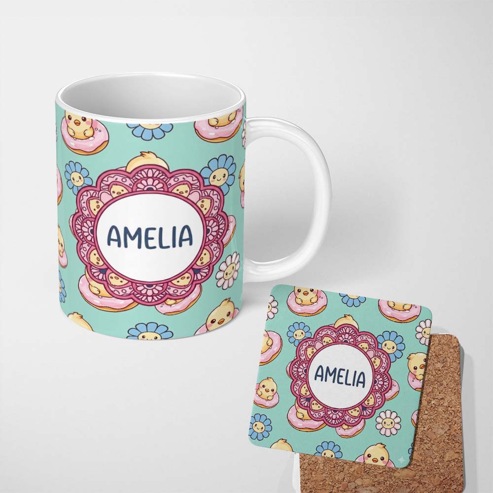 Personalized Custom Name Cute Baby Chick Donut Flowers Seamless Pattern Mint Background 11oz Ceramic Coffee Tea Mug White Large Handle