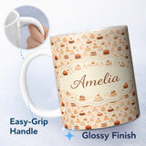 Personalized Custom Name Cake Slice Repeat Seamless Pattern Dessert Sweet Food Design Lovely 11oz Ceramic Coffee Tea Mug White Large Handle